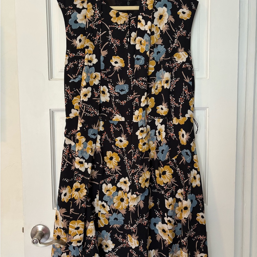 Ralph Lauren Summer Midi Dress Yellow & Blue Floral Print with Belt and Ruffle